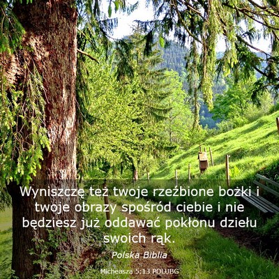Picture 03 - Micheasza 5:13 POLUBG - Wyniszczę też twoje rzeźbione bożki i twoje - Bible Verse Picture