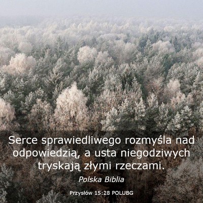 Picture 03 - Przysłów 15:28 POLUBG - Serce sprawiedliwego rozmyśla nad odpowiedzią, - Bible Verse Picture