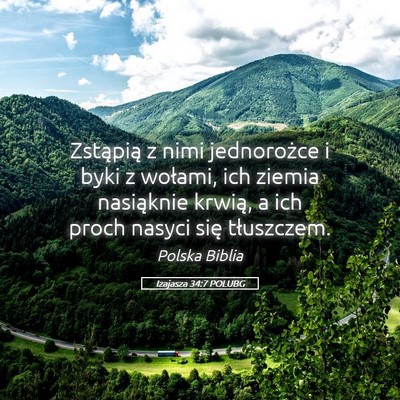 Picture 05 - Izajasza 34:7 POLUBG - Zstąpią z nimi jednorożce i byki z wołami, - Bible Verse Picture